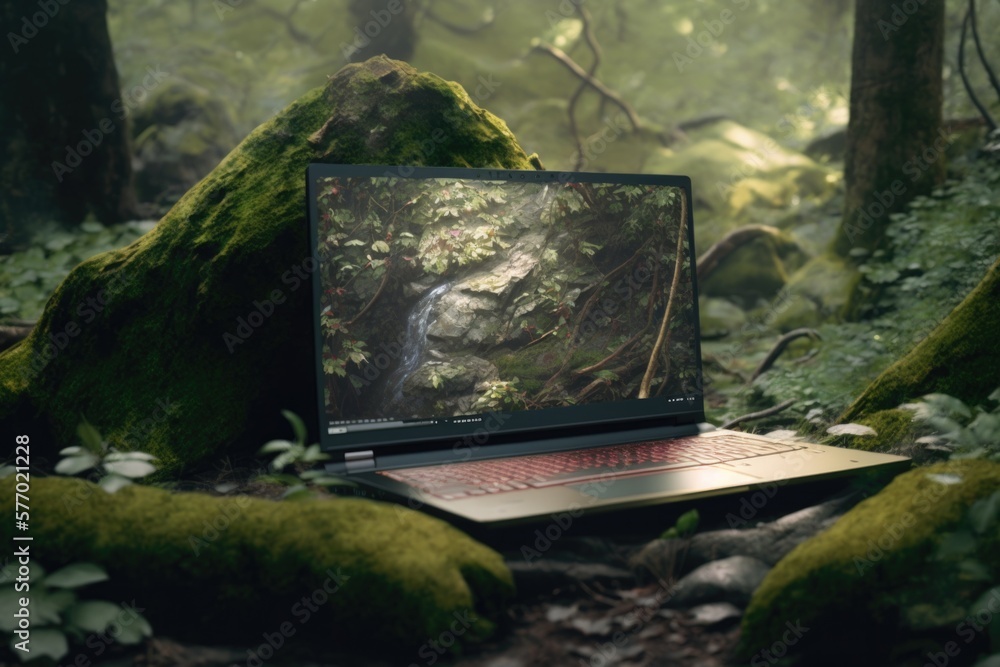 Poster a laptop computer sitting on a mossy rock in a forest with a waterfall in the background forest back