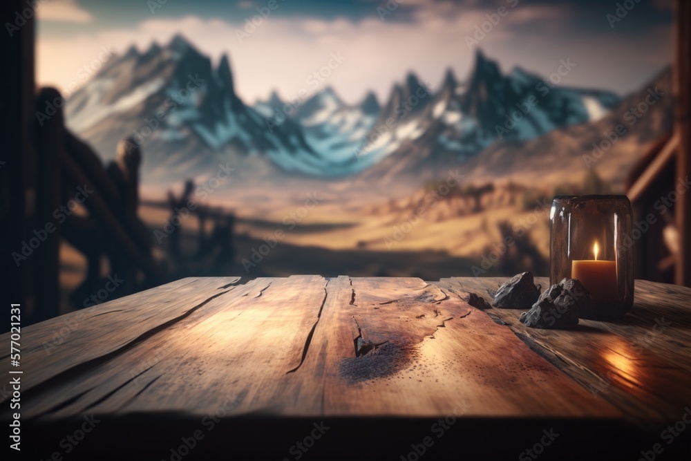 Poster a candle is lit on a wooden table in front of a mountain backdrop with a wooden table rendered in un
