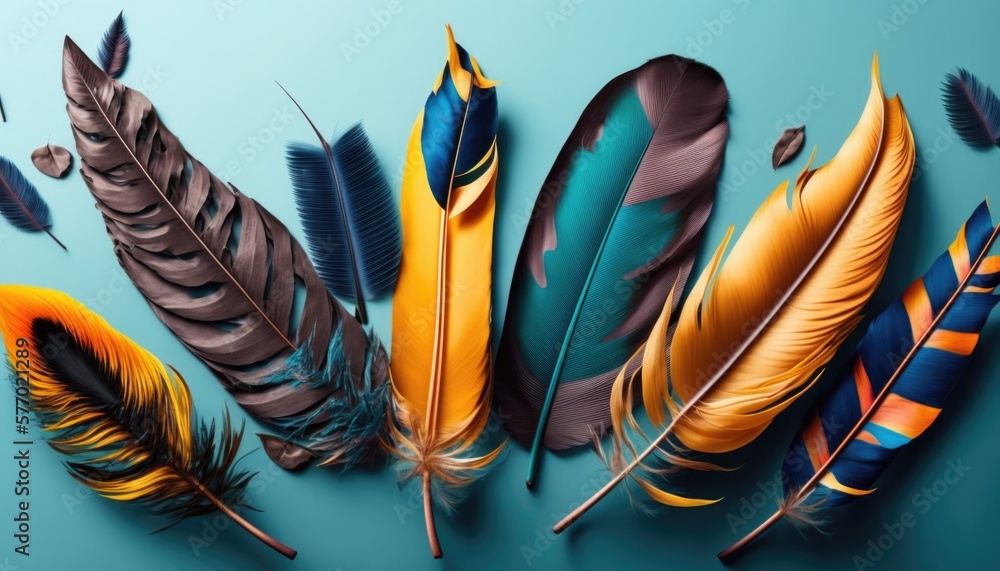Poster a group of colorful feathers on a blue background with a shadow of them on the ground rich colors co