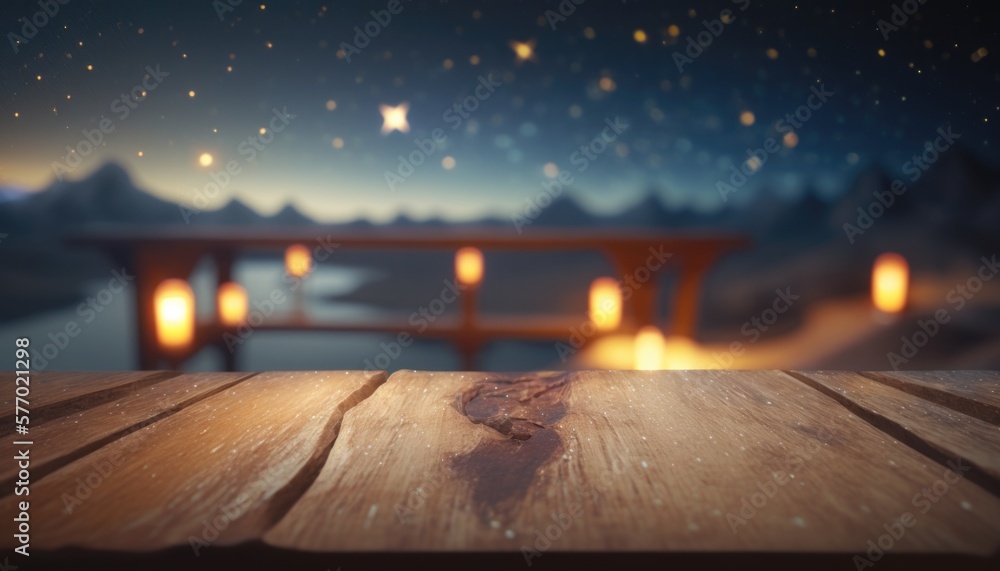Poster a wooden table with a view of a bridge and a night sky with stars and lights rendered in unreal 5 a 