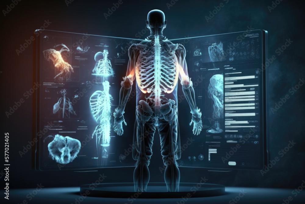 Poster a computer screen with a skeleton and bones on it in front of a dark background biomechanical comput