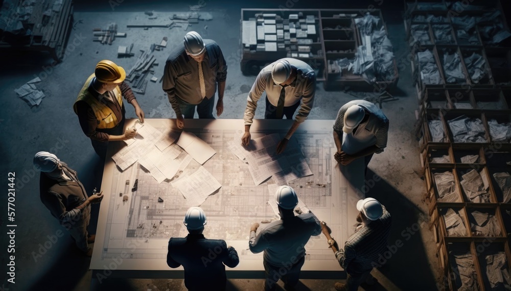 Poster a group of people standing around a table with construction plans on it in a dark room blueprint a d