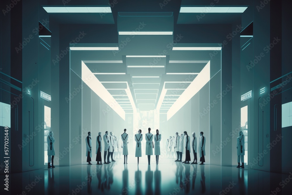 Poster a group of people standing in a hallway with a light coming through the ceiling and a hallway leadin