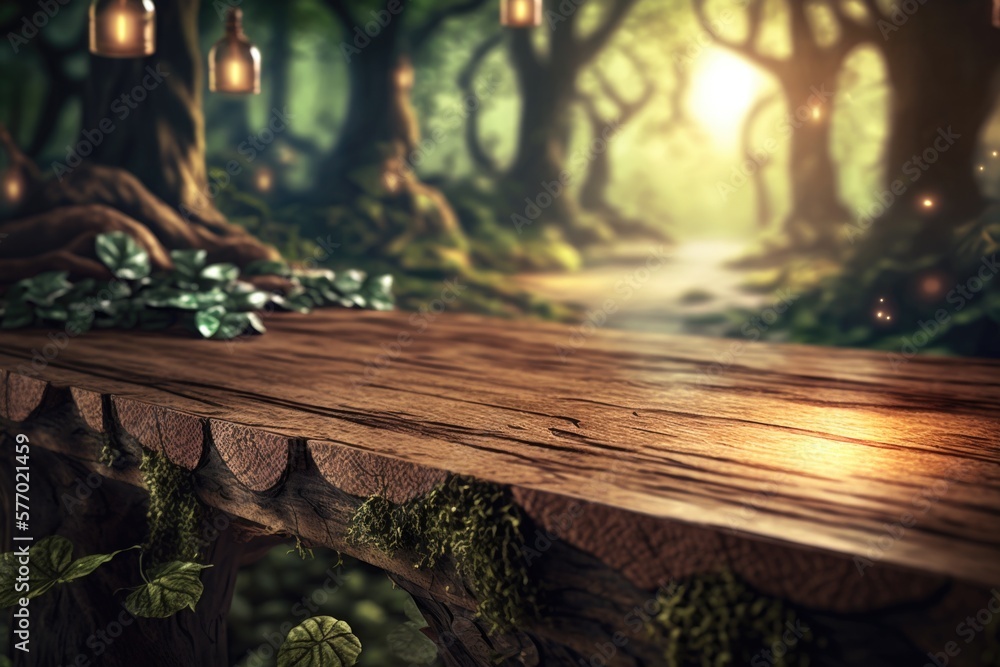 Poster a wooden bench in a forest with lanterns hanging from the trees and a path leading to a forest rende
