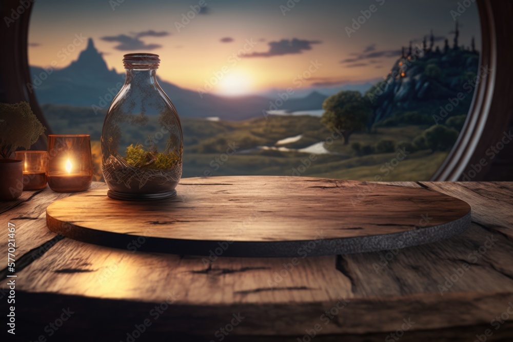 Poster a glass bottle with moss inside sitting on a table with candles in front of a window rendered in unr