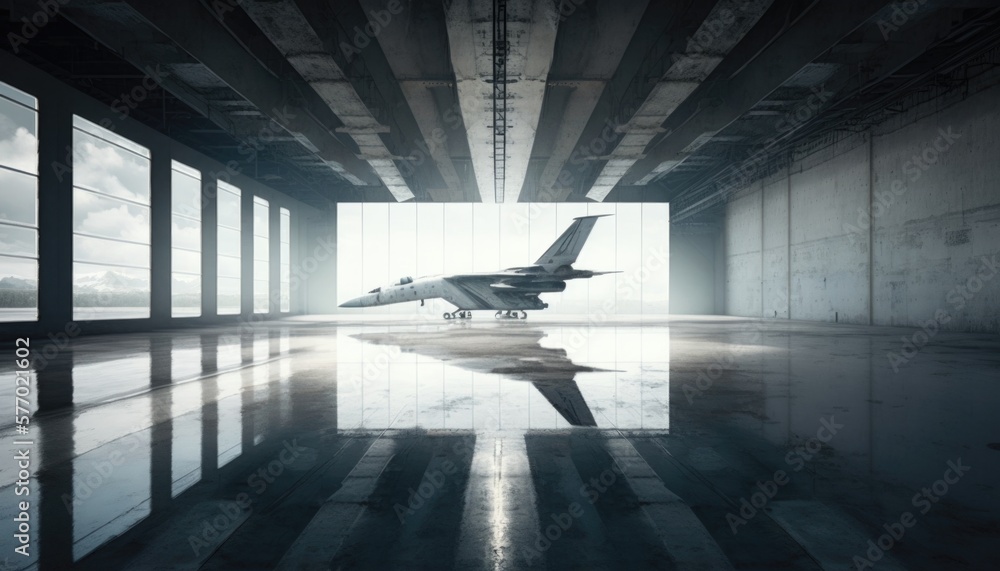 Poster a jet plane is parked in a large building with windows and a sky background that is partially lit at