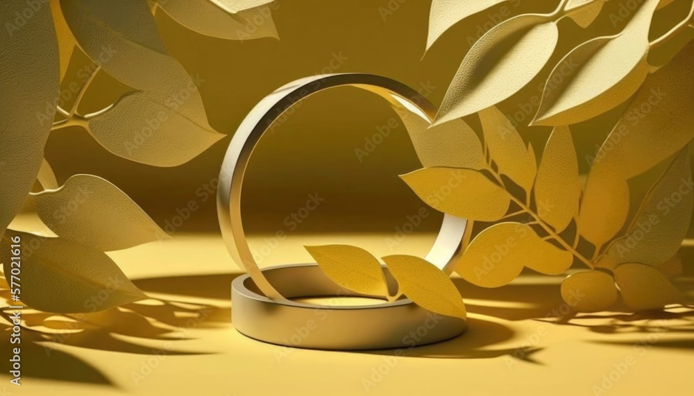 Poster a ring is sitting on a stand in front of a leafy background with a yellow background 3 d render a ra
