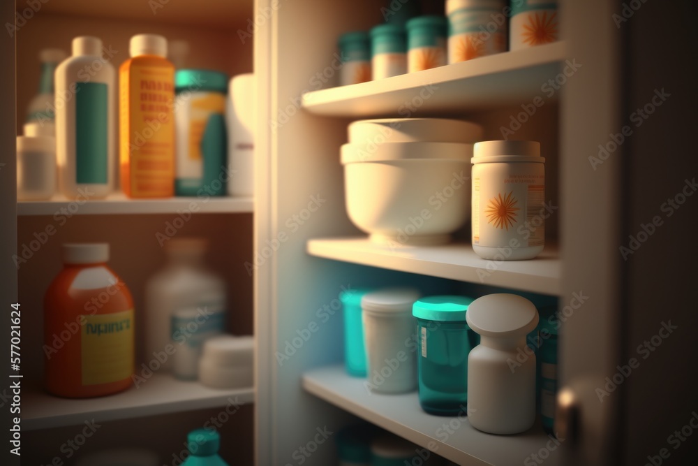 Poster a refrigerator filled with lots of bottles and containers of liquid and lotion bottles on shelves oc