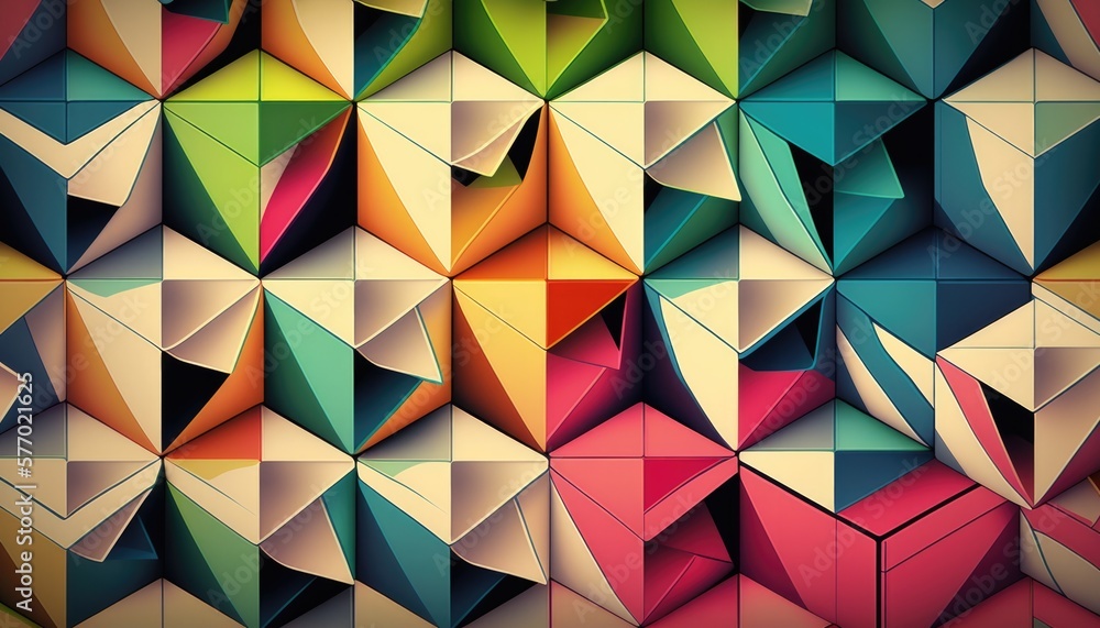Poster a colorful abstract background with many different shapes and sizes of paper cubes in different colo