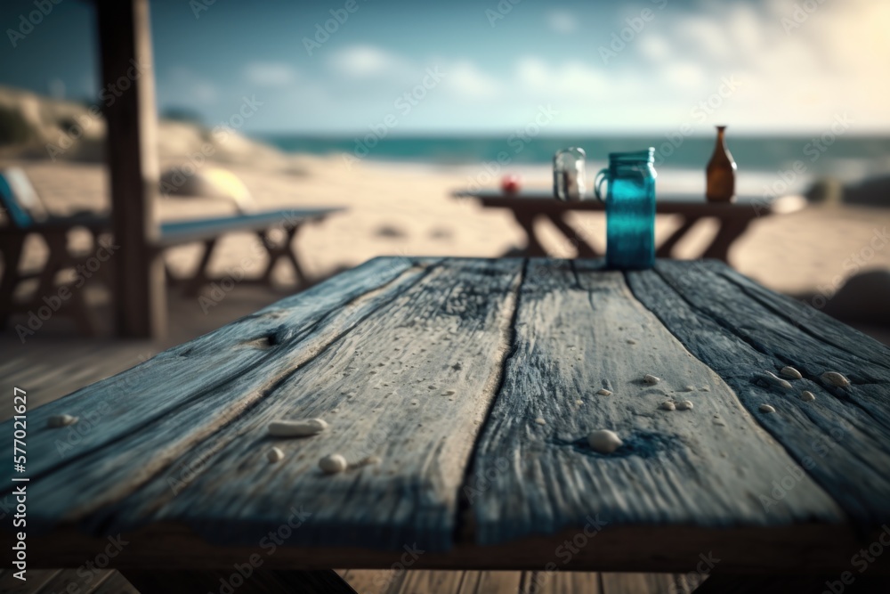 Poster a wooden table with two bottles of beer on it and a beach in the background rendered in unreal 5 a 3