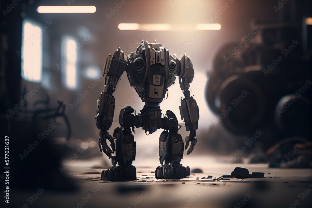 Poster a robot standing in a room with a light shining on it's face and legs redshift render a tilt shift p
