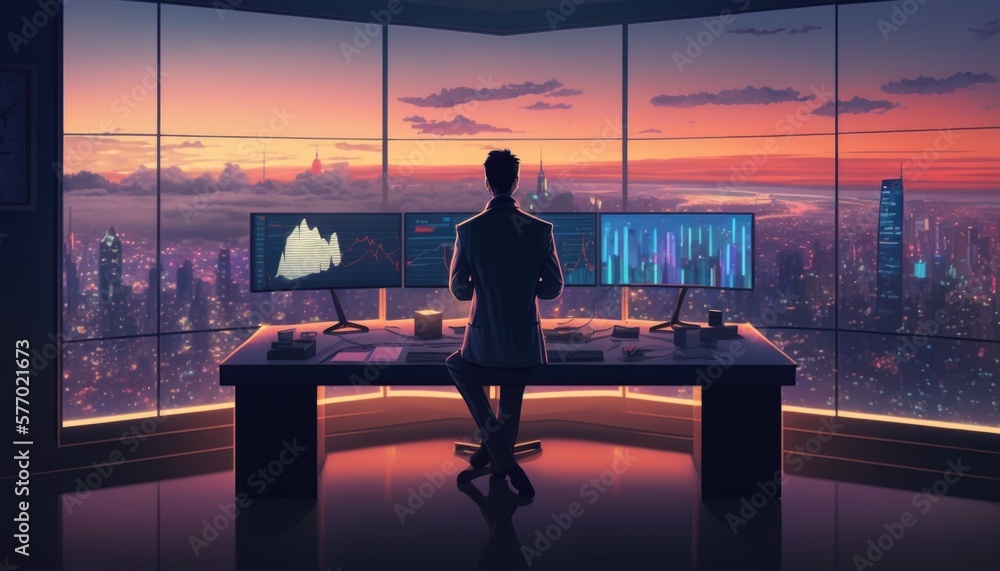 Aufkleber a man standing in front of a computer desk in a room with a view of the city city background cyberpu