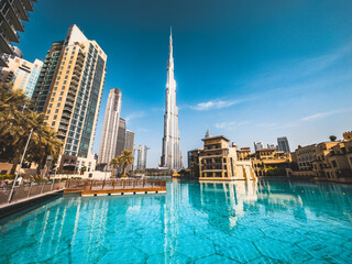 Burj Khalifa view from Burj park bridge in Downtown Dubai, United Arab Emirates