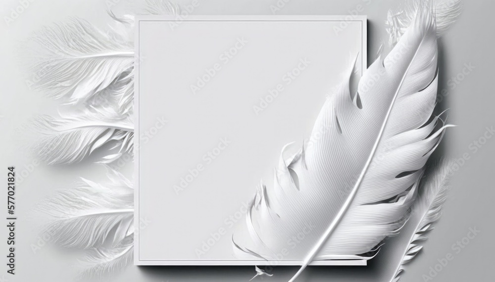Poster a white feather and a white paper on a gray background with a shadow of a feather ambient occlusion 