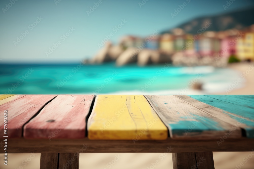 Poster a wooden table with a colorful painted table top in front of a beach and a cliff unreal 5 render a t