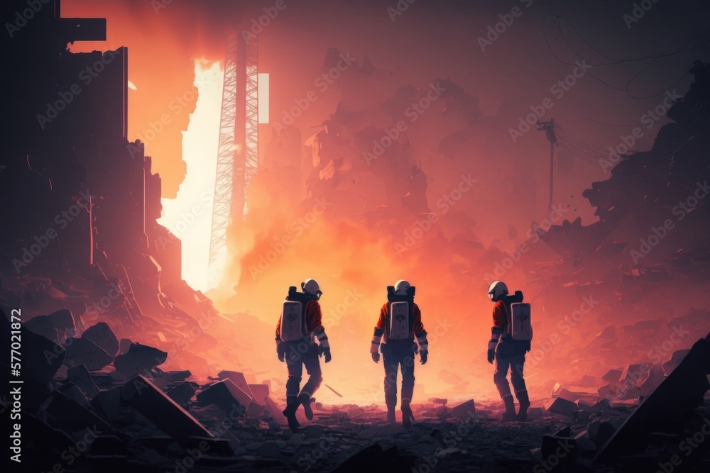 Poster a group of people standing in a dark area with a fire in the background and a building in the backgr
