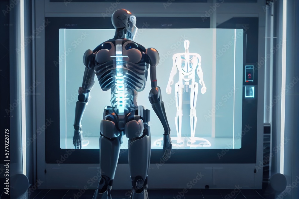 Poster a robot standing in front of a television screen with a skeleton on it's back unreal 5 highly render