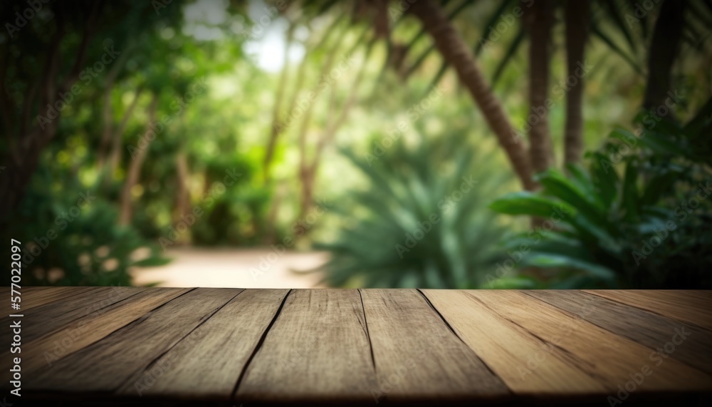 Poster a wooden table top with a blurry background of trees and plants in the background rendered in unreal