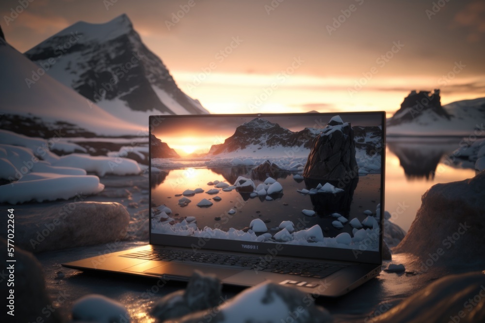 Poster a laptop computer sitting on top of a snow covered ground next to a mountain range rim lighting a co