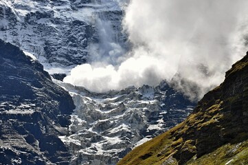 View of the Gangapurna glacier. An avalanche falling on the Gangapurna glacier. Nepal, Himalayas,...