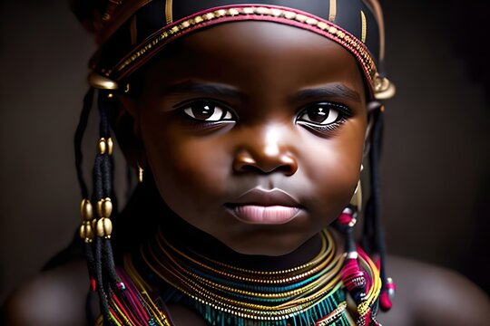 Portrait, african kid baby girl of a tribe. Warrior, Tribal. Looking camera. Generative AI.