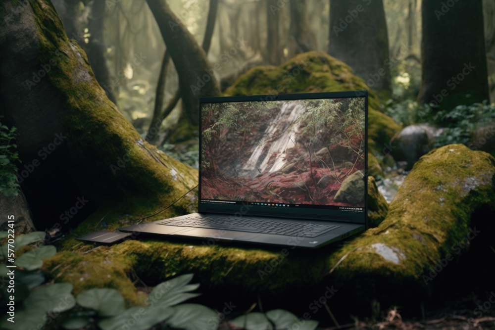 Poster a laptop computer sitting on a mossy log in the woods with a waterfall in the background forest back