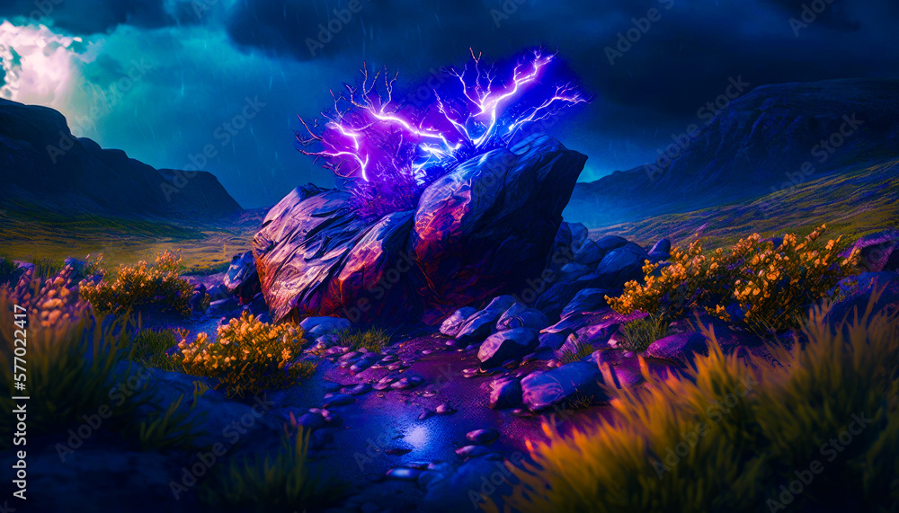 Poster painting of rock with lightning coming out of it. generative ai.