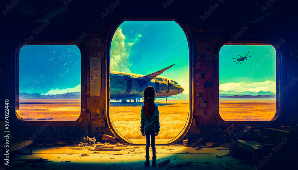 Poster person standing in front of window looking out at an airplane. generative ai.