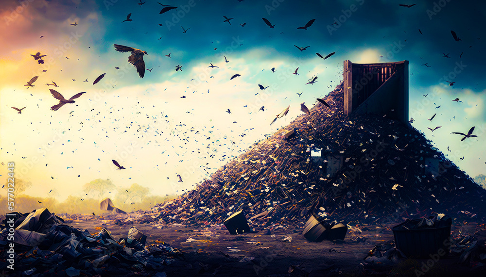 Poster pile of trash with birds flying around it. generative ai.