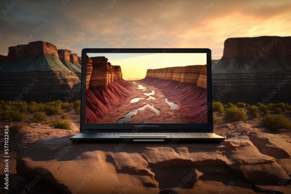 Poster a laptop computer sitting on top of a rock covered field with a river running through it unreal 5 hi