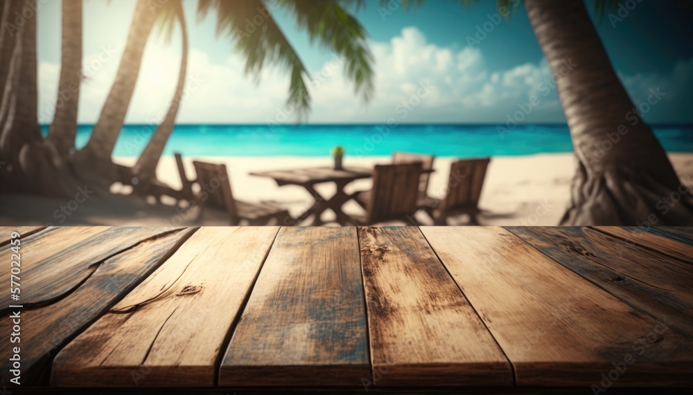 Poster a wooden table with a view of a beach and palm trees in the background with a blurry image of a beac