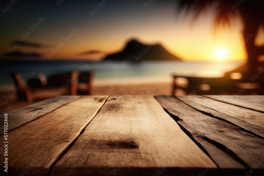 Poster a wooden table with a view of a beach and a sunset in the background with a palm tree deep depth of 