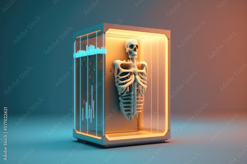 Poster a skeleton in a glass box with sound waves coming out of it's back octane renderer a 3d render seria