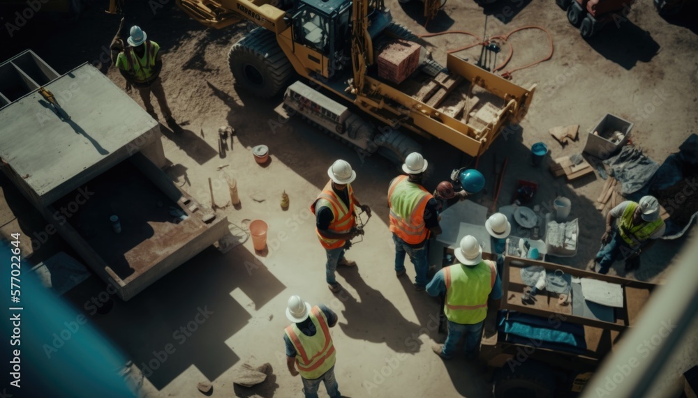 Poster a group of men standing around a construction site with a fork in the ground and a fork in the groun