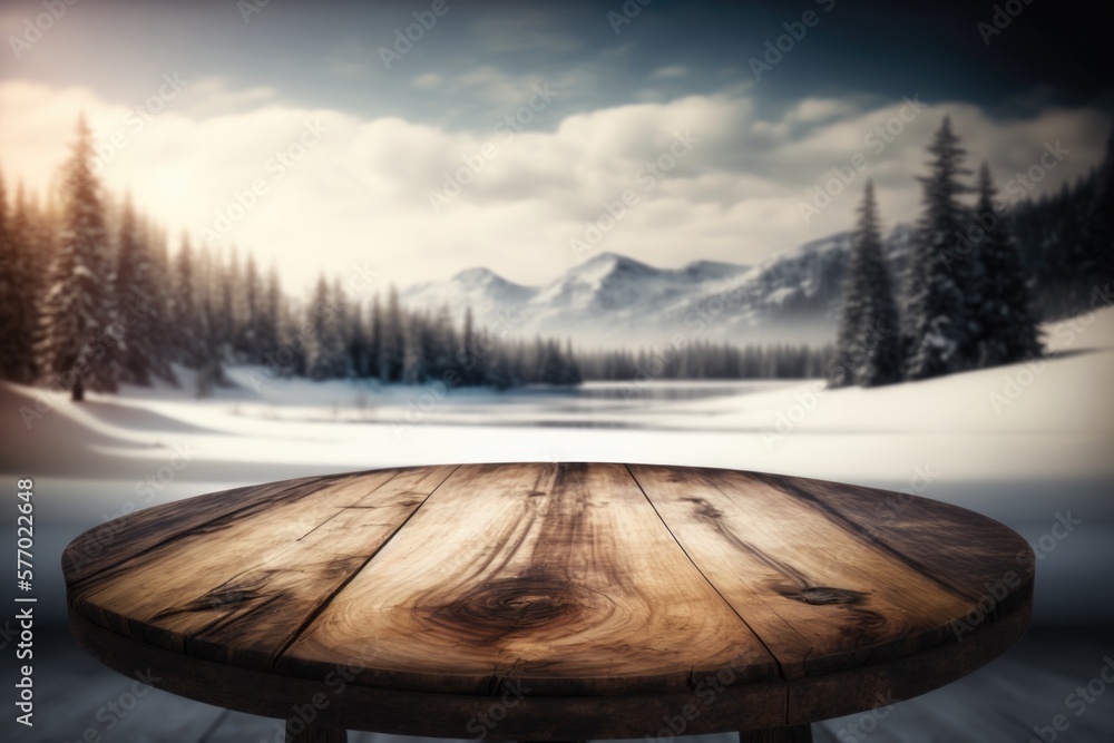 Poster a wooden table with a view of a snowy mountain range in the background with a snow covered forest wi