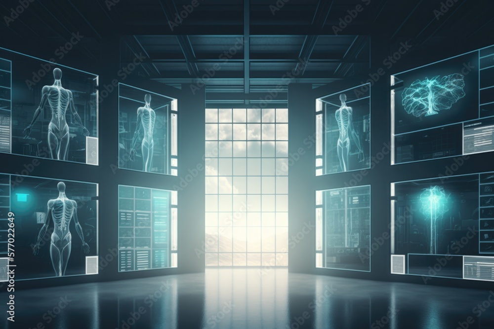 Poster a room with a lot of windows and a lot of screens on the wall with a skeleton in it cybernetics comp