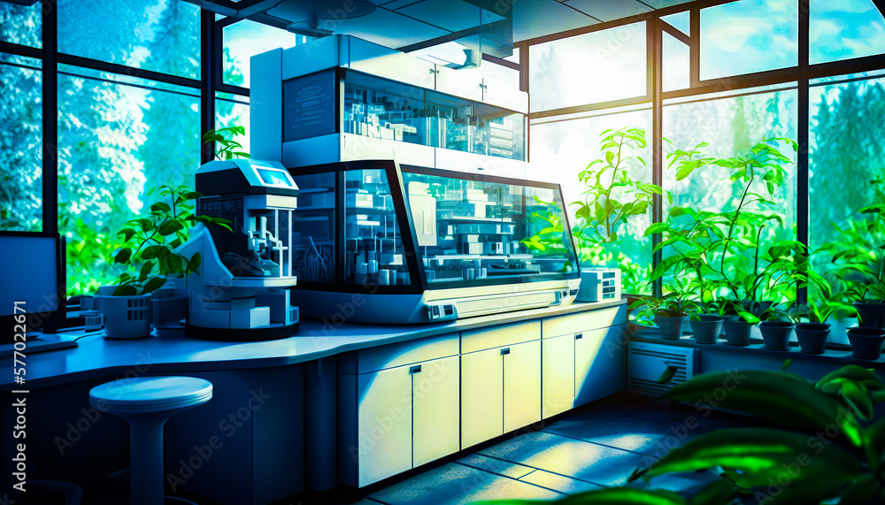 Poster room with plants and computer on desk. generative ai.