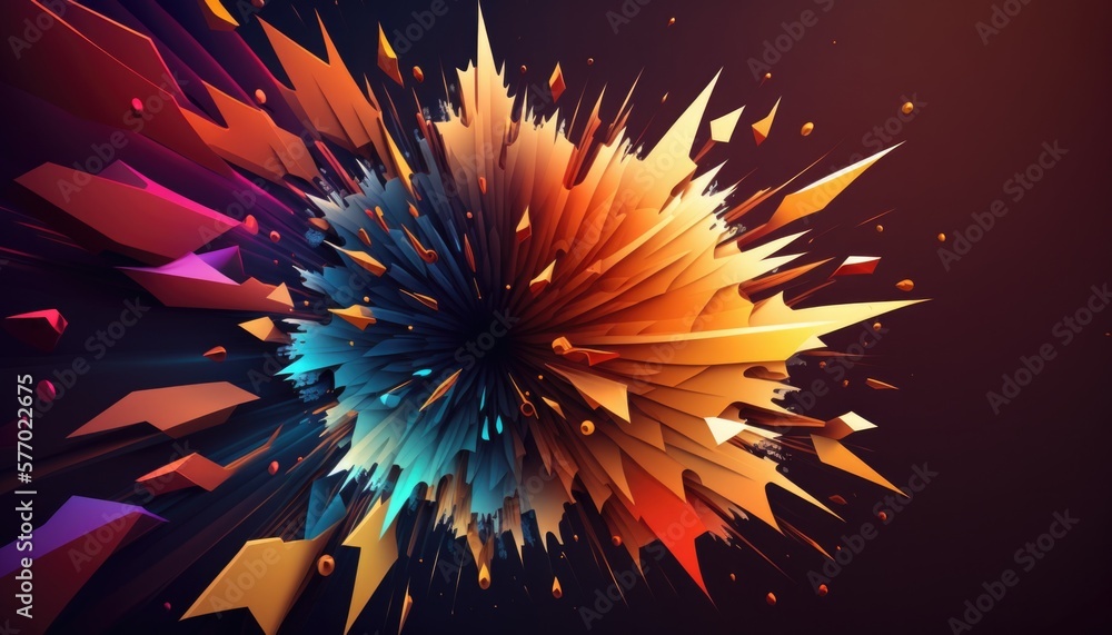 Poster a colorful explosion of colored shapes on a black background with a dark background and a red backgr