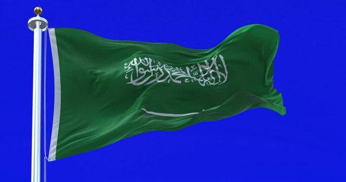 Saudi Arabia flag waving isolated on a blue background