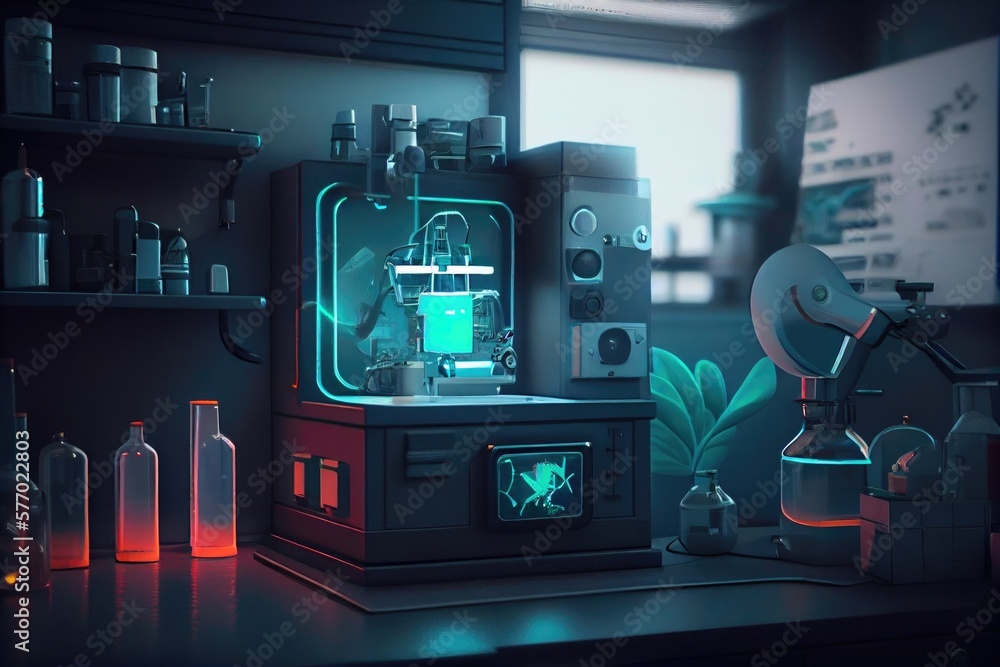 Poster a science lab with a microscope and a microscope in it's center with bottles and a microscope in the