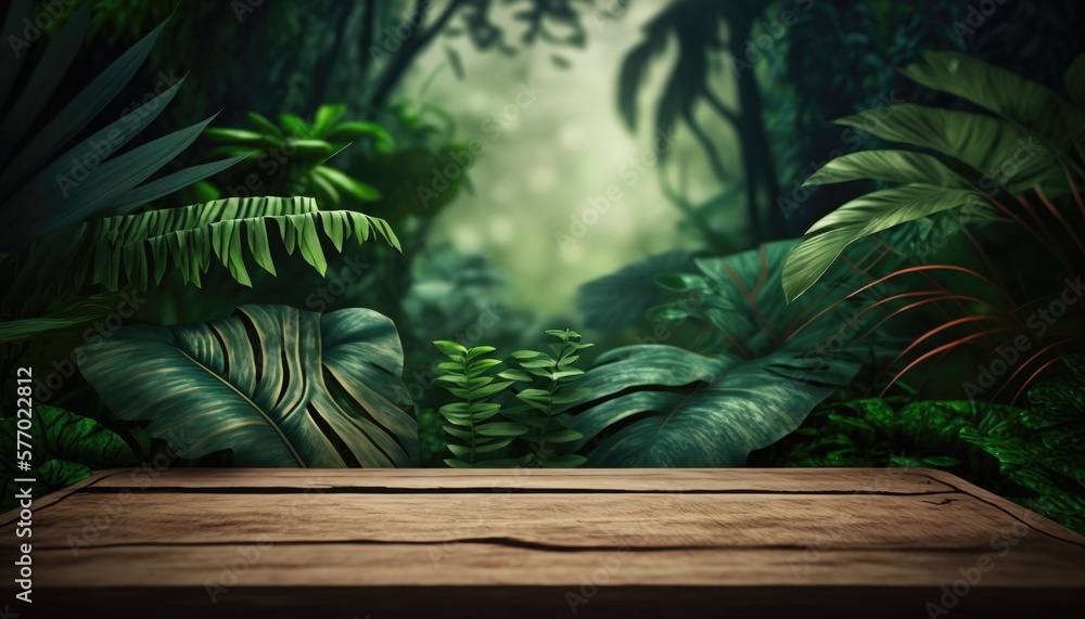 Poster a wooden table in a jungle with a backdrop of plants and trees in the background forest background a