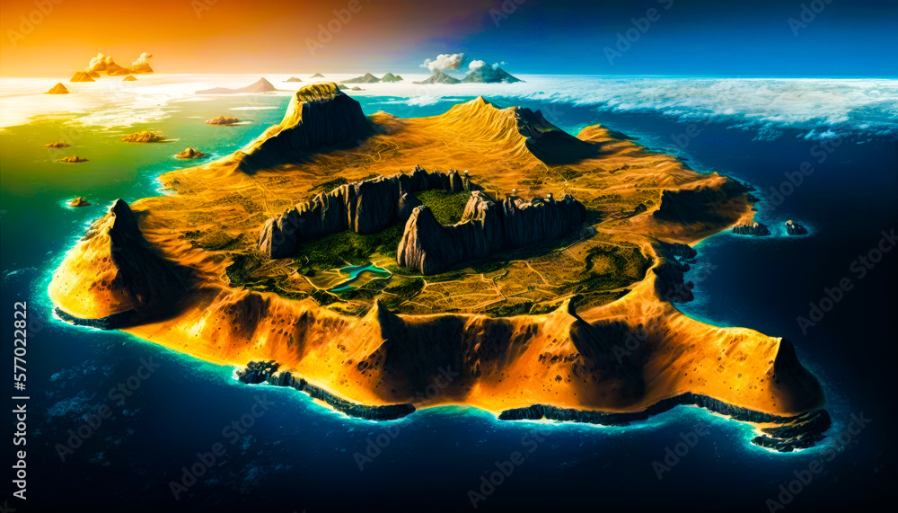 Poster an island in the middle of the ocean. generative ai.