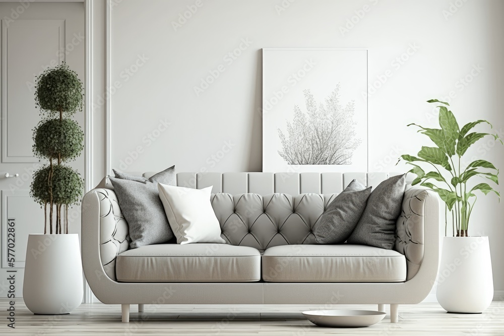 Poster the couch is a plush gray color, and it has two throw pillows. white background with a modern sofa d