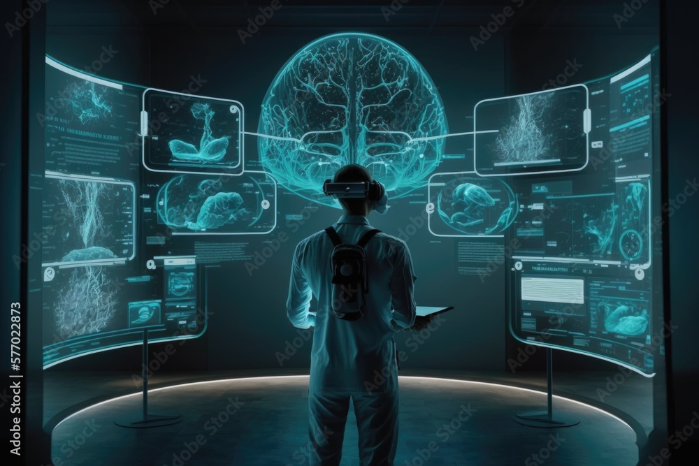 Poster a man standing in front of a display of brain images in a dark room with a man in a white shirt biop