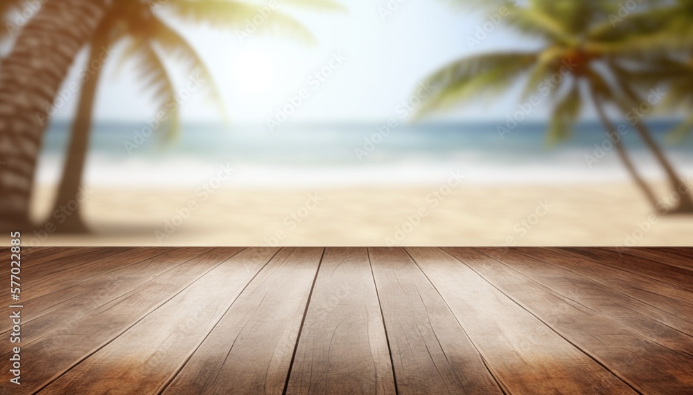 Poster a wooden table with a blurry beach in the background with palm trees in the foreground plain backgro