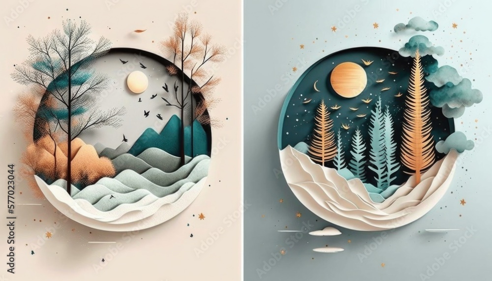Poster two paper cut art pieces of trees and mountains with the moon in the sky and the mountains with tree