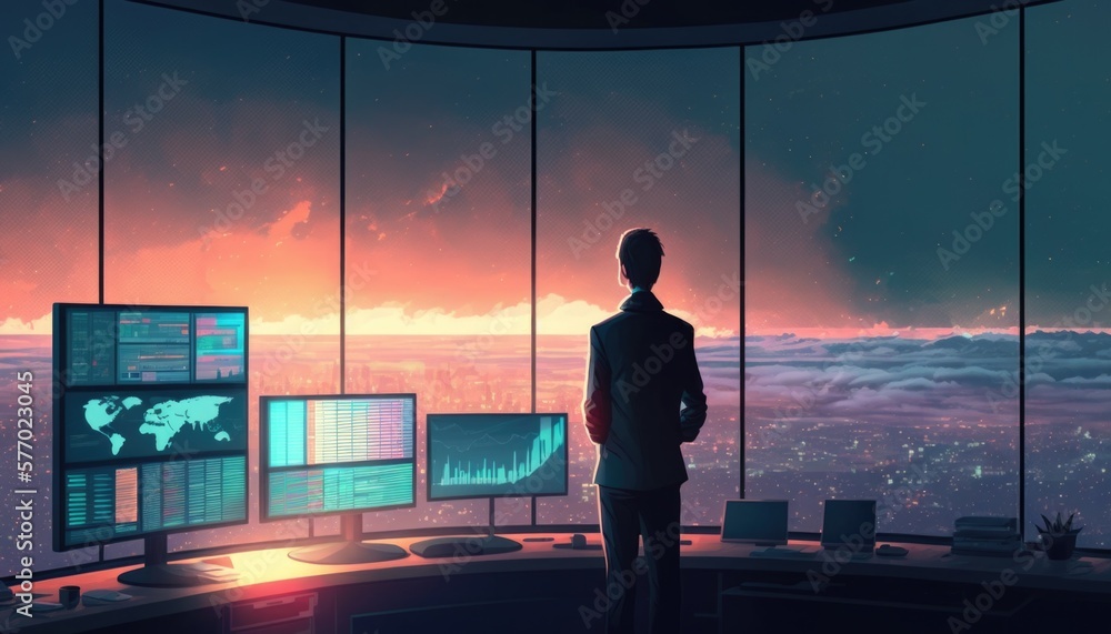 Poster a man standing in front of a computer monitor in a room with a view of the city city background cybe