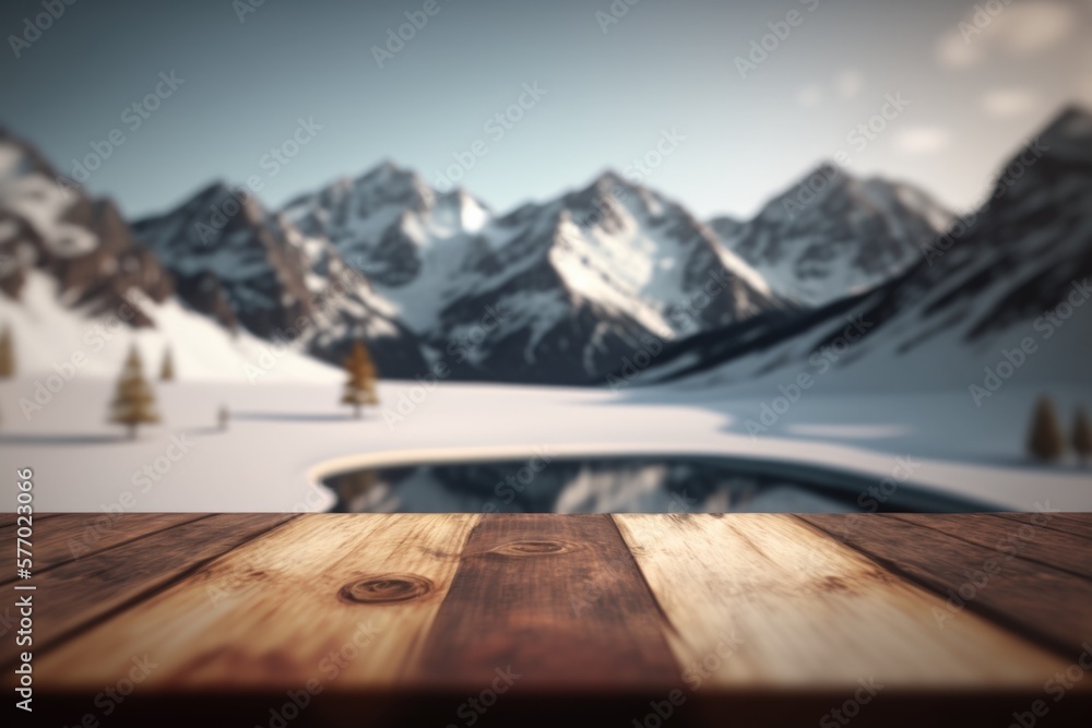 Poster a wooden table top with a mountain view in the background with a lake in the foreground 8 k render a