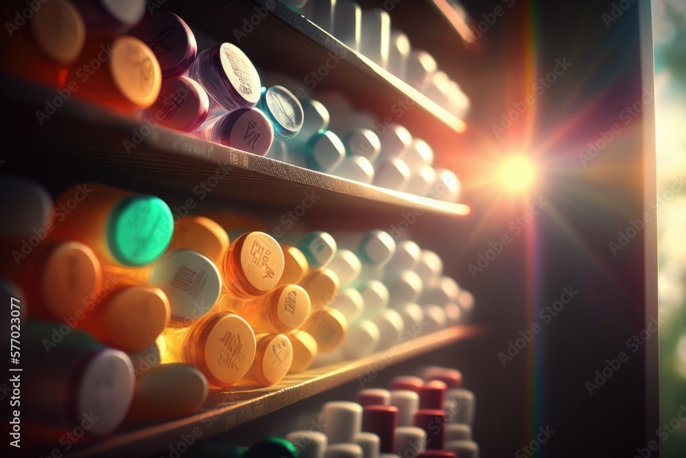 Poster a shelf with many different colored bottles on it's sides and a bright light coming from behind vray