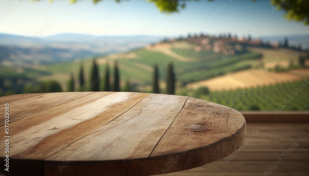 Poster A wooden table with a view of a countryside in the background with trees and hills rendered in unreal 5 a 3d render photorealism
